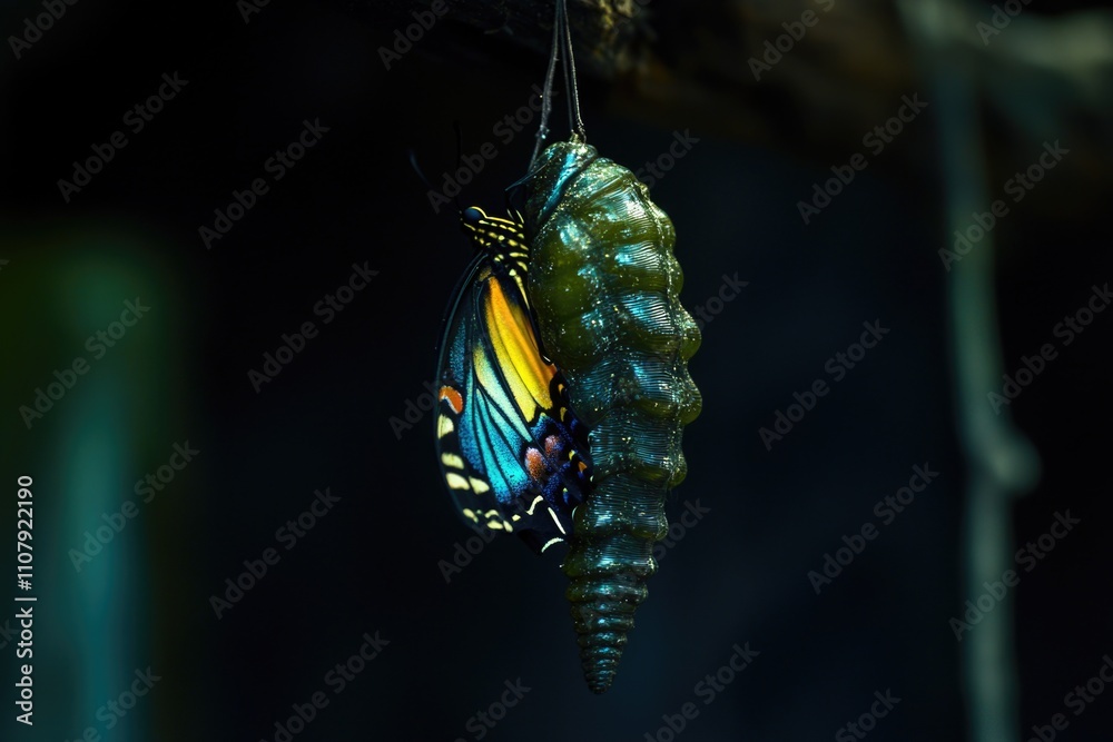 Poster a butterfly hangs upside down from a tree branch