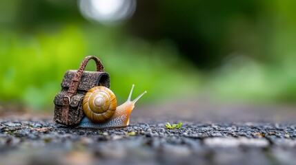 A whimsical scene featuring a snail carrying a miniature backpack on a pebble path, suitable for creative projects, nature blogs, or children's book illustrations,