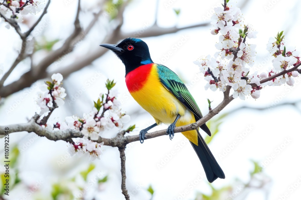 Poster a colorful bird sits on the top of a tree branch, looking around