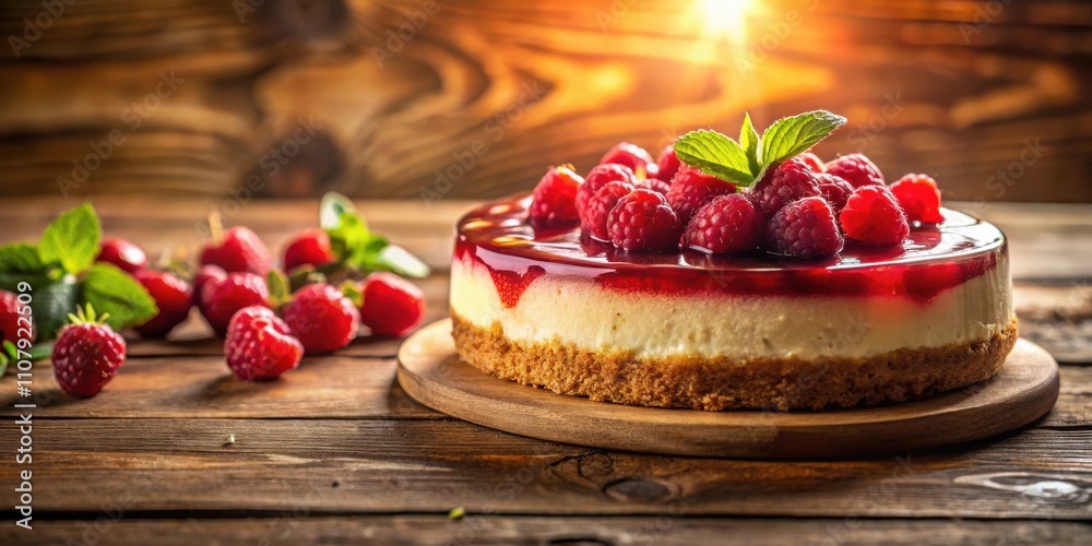 Poster a creamy cheesecake with a raspberry topping, garnished with fresh mint and scattered with extra ras