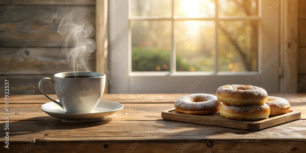 Poster a steaming cup of coffee and a plate of powdered donuts on a wooden table with a window behind it, b