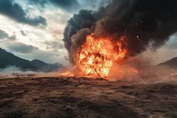 A powerful eruption erupts with blazing fire and twisting smoke, showcasing the impact of destruction and chaos over a barren landscape