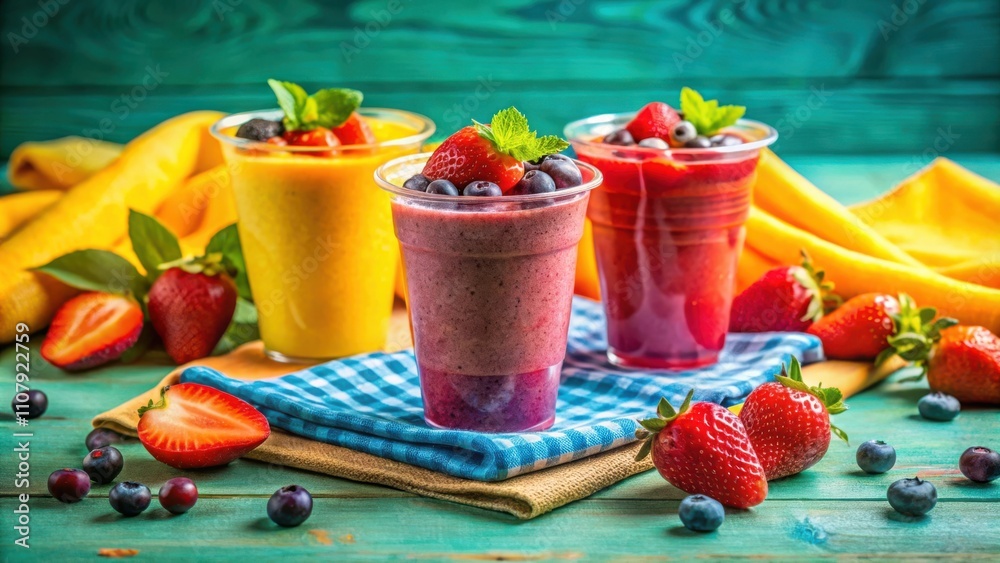 Poster refreshing berry and fruit smoothies with a garnish of mint and strawberries on a blue and yellow ch