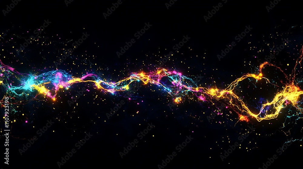 Poster neuron firing with electrical activity represented in vibrant colors and dynamic patterns against a 