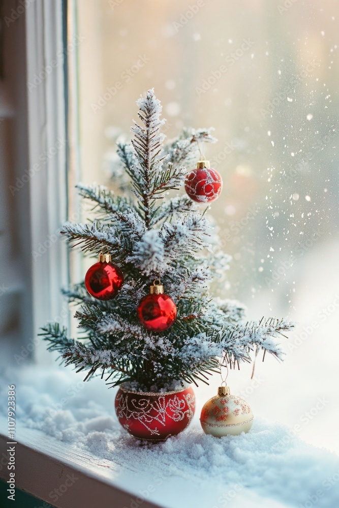 Poster a small christmas tree sits on a window sill with decorations and lights