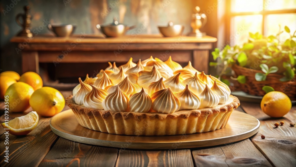 Poster a freshly baked lemon meringue pie on a rustic wooden table surrounded by lemons and sunlight stream