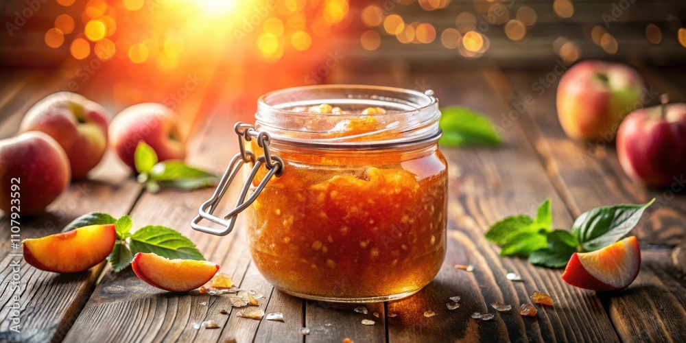Poster a jar of homemade peach jam with fresh peach slices and mint leaves on a rustic wooden table with a 