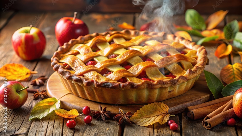 Poster warm, freshly baked apple pie with a lattice crust, steaming on a rustic wooden table surrounded by 
