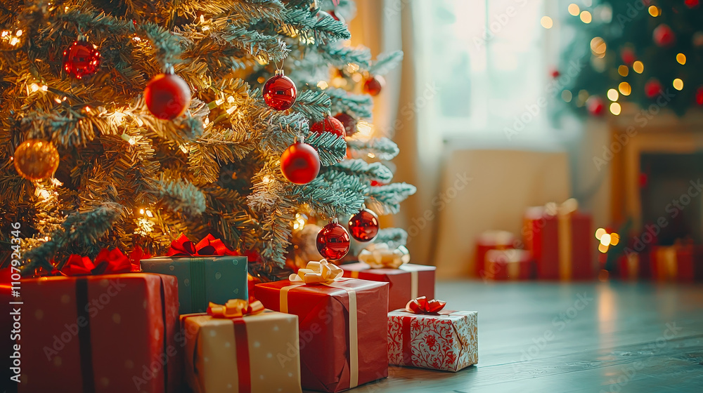 Poster brightly lit christmas tree adorned with ornaments and colorful gifts arranged under its branches, c