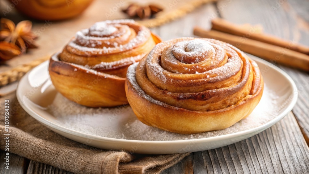 Poster two freshly baked cinnamon rolls, dusted with powdered sugar, sit on a white plate resting on a rust