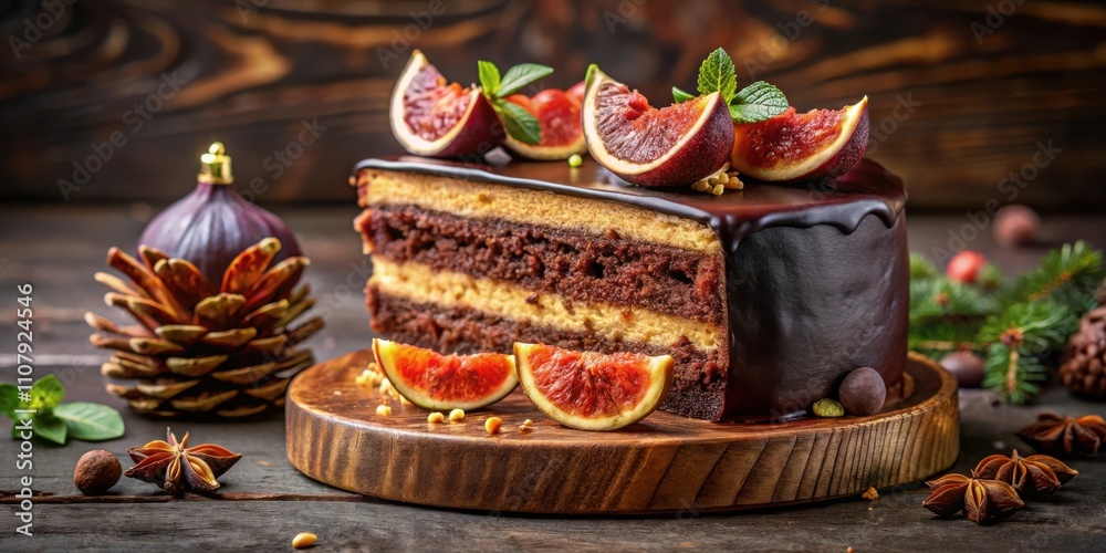 Poster a slice of decadence chocolate cake topped with fresh fig slices and a touch of mint, resting on a w