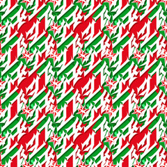 Obraz premium Red and Green Festive Pattern: A vibrant, repeating pattern featuring stylized red and green shapes, perfect for holiday designs and festive backgrounds. The design is modern and eye-catching.
