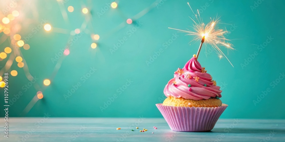 Poster A Single Pink Cupcake Topped with a Sparkler, Sitting on a Teal Surface with a Bokeh Background of Golden Lights