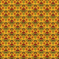 Obraz premium Geometric Bird Pattern: A vibrant, repeating pattern featuring stylized birds in geometric shapes. Perfect for textile design, wallpaper, and surface patterns. 