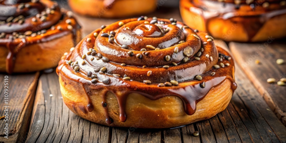 Poster a close-up of a chocolate glazed pastry with a swirl of dough and scattered seeds, resting on a rust