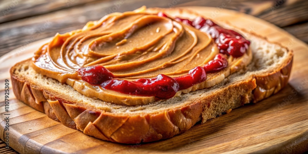 Aufkleber a single slice of bread with a swirl of peanut butter and dollops of jelly on top, resting on a wood