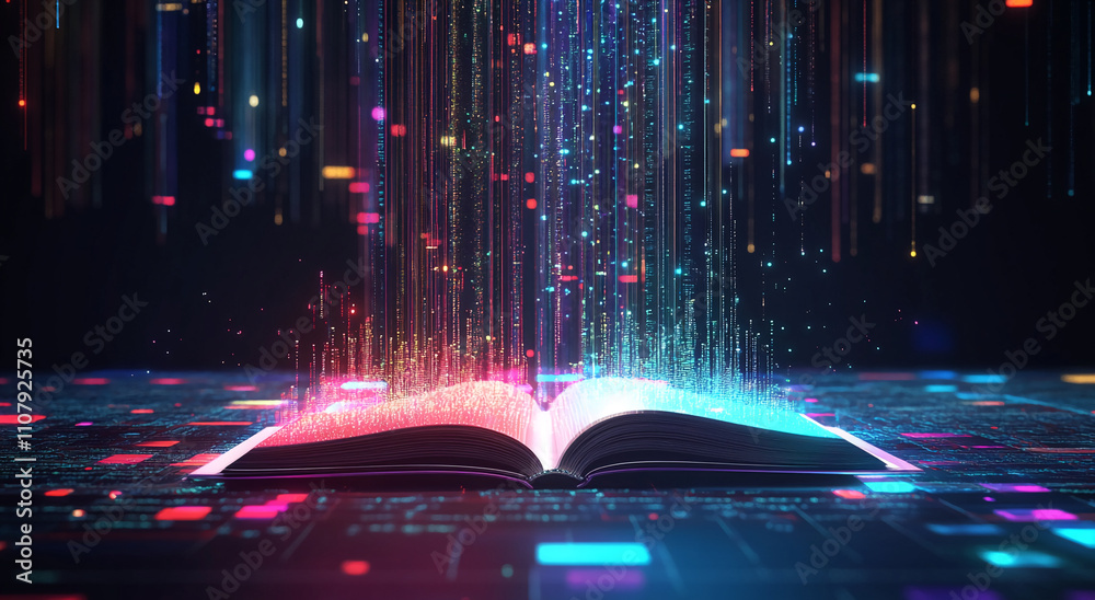 Poster Digital magic emerges from an open book with colorful glowing particles in a dark abstract space