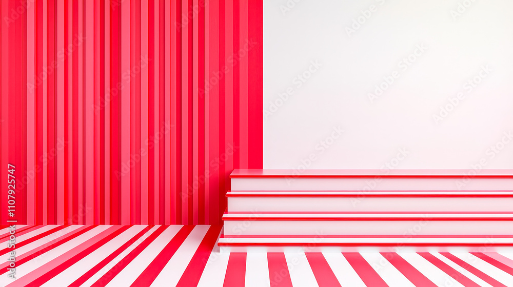 Poster striking red and white striped walls and floor create a bold setting for displays, presentations, or