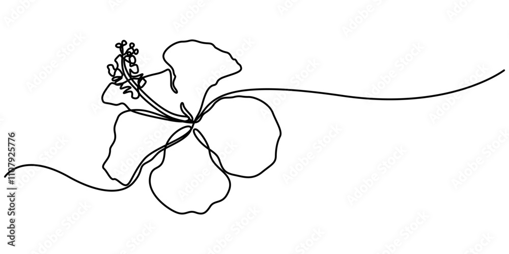 Poster Hibiscus flower in continuous line art drawing style. Minimalist black linear sketch isolated on white background. Vector illustration, Hibscus Flower Continuous Line Drawing  with Editable Stroke.
