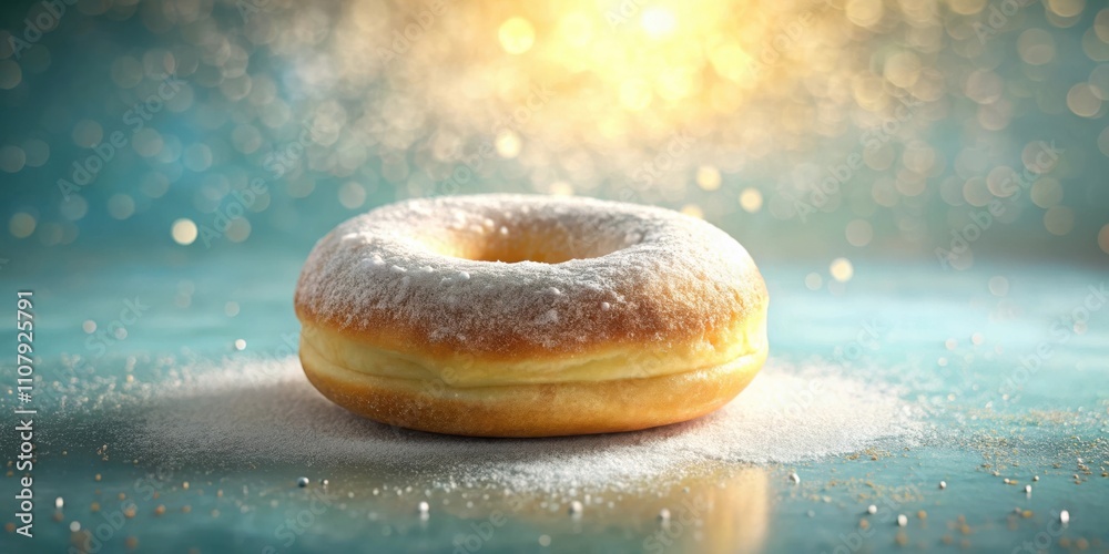 Aufkleber a single glazed donut with powdered sugar on a teal surface with a glowing background