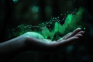  hand holding stock market graph, in the style of hologram, dark background, green theme.