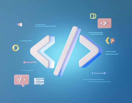 3D Coding symbols surrounded by various digital elements