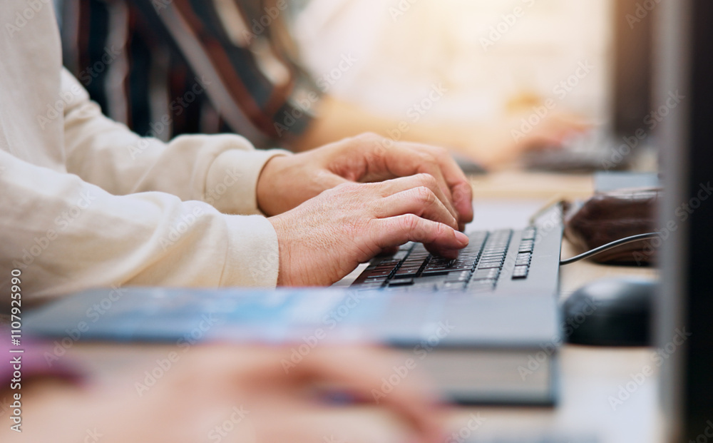 Aufkleber Hands, keyboard and computer with office, connection or communication in website support. Person, coworking and tech for troubleshooting, online database or email as cybersecurity consultant in Japan