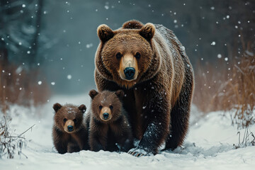Obraz premium A mother bear and her two cubs walk through a snowy forest landscape.