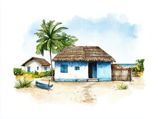 Charming coastal cottage scene beachfront watercolor artwork relaxing atmosphere nature tranquility