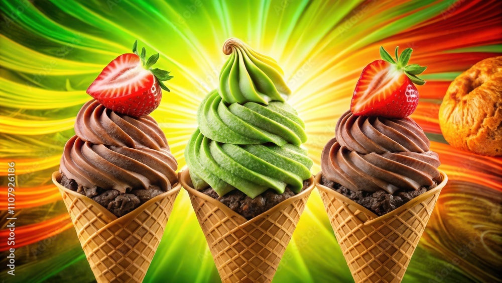 Poster three ice cream cones with chocolate and green swirls topped with strawberries, displayed against a 