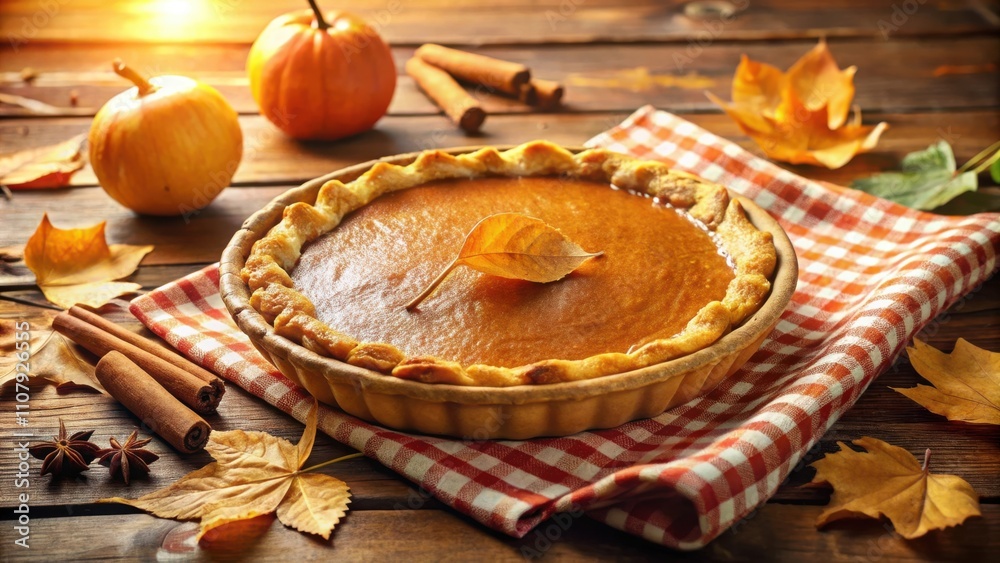 Wall mural A freshly baked pumpkin pie with a golden crust sits on a red and white checkered tablecloth surrounded by autumn leaves and cinnamon sticks.