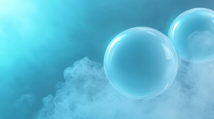 Two transparent spheres floating in the air. the spheres are spherical in shape and appear to be floating on a blue background.
