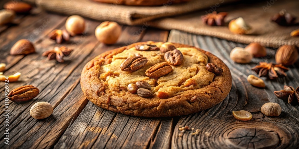 Aufkleber a close-up view of a nut-studded cookie resting on a rustic wooden surface, surrounded by an assortm