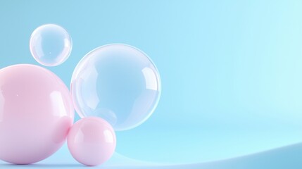 Three large, transparent spheres on a light blue background. the spheres are of different sizes and shapes, with the largest one in the center and two smaller ones on either side.