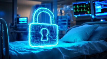  Digital padlock symbol glowing in blue light on a hospital bed background, a digital security concept for medical data protection 