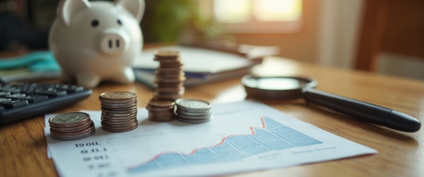 A charming scene captures a piggy bank alongside neatly stacked coins, symbolizing the journey of saving and financial growth. The background features a financial graph with a rising trend