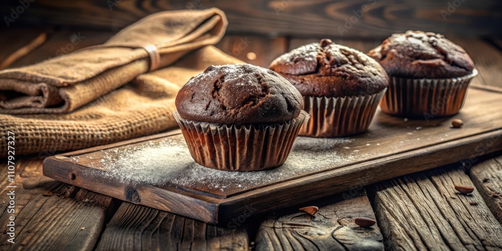 Poster a rustic wooden surface with a burlap cloth and three chocolate muffins dusted with powdered sugar