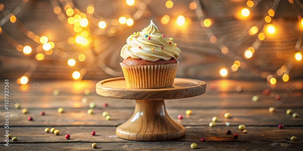 Poster a single, frosted cupcake with colorful sprinkles sits on a wooden cake stand, surrounded by a festi