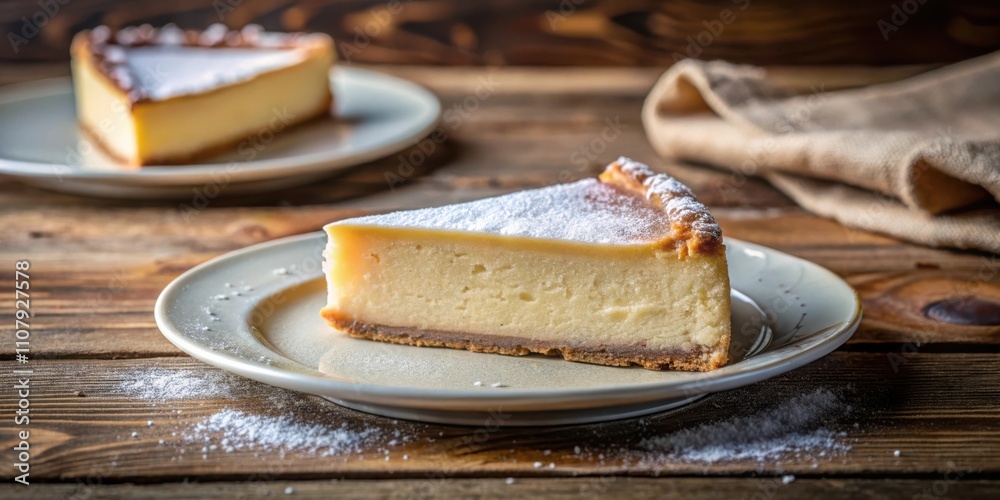 Poster A slice of cheesecake with a dusting of powdered sugar on a plate on a rustic wooden table