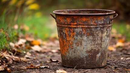 Naklejka premium Rusty Metal Bucket Sits Amongst Autumn Leaves