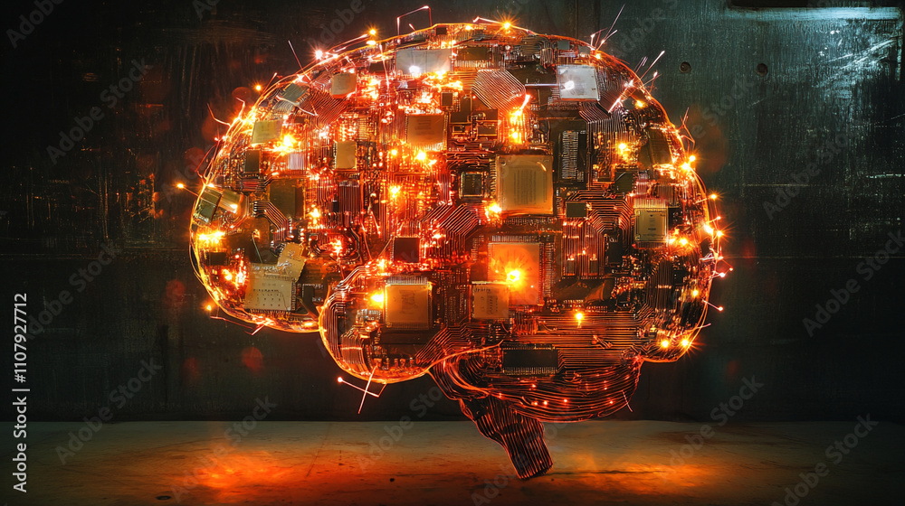 Poster artificial intelligence brain sculpture made of circuits illuminated in a dark environment
