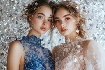 Twin models showcase stunning outfits and intricate makeup against a backdrop of sparkling decorations, capturing elegance in fashion