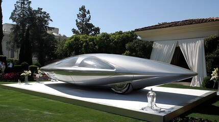 A sleek silver futuristic flying car is concealed beneath a shimmering fabric cover on a minimalist sci fi inspired display platform