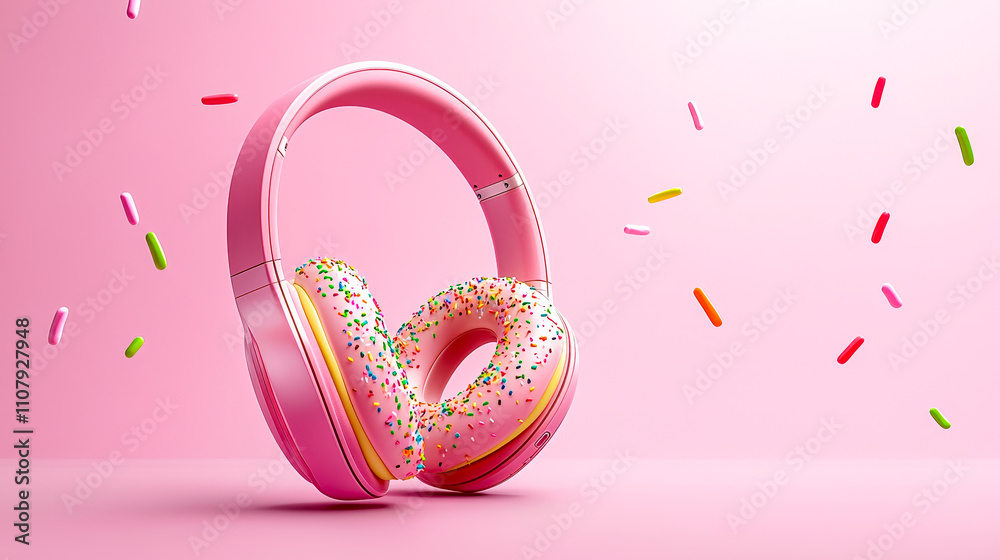 Poster a pair of pink headphones designed to resemble a donut is displayed against a bright pink backdrop w