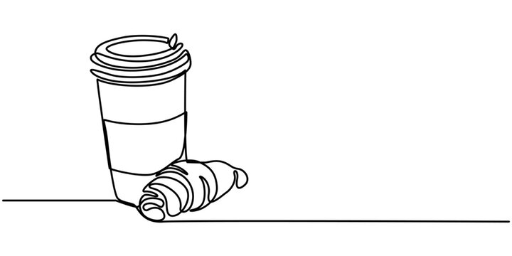 Single one line drawing croissant with paper cup filled with hot sweet tea. Continuous one line design graphic illustration, pro vactor ,Woke up late. Brought to the office. National Croissant Day.   