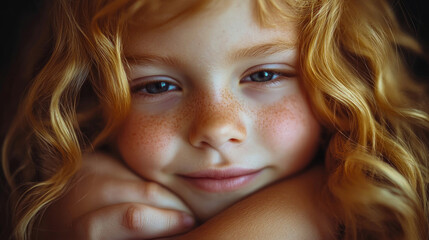 Naklejka premium A girl with curly golden hair and freckles rests her chin on her hands, showing a warm smile in a softly lit indoor space