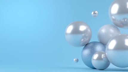 Group of spherical objects on a light blue background. there are six spheres of different sizes and shapes, all of which are silver in color.