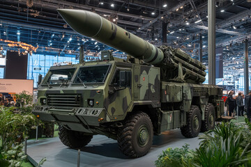 Military vehicle with missile system displayed at an exhibition.