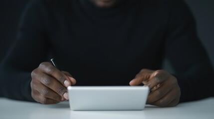 Naklejka premium Close-up of a person's hands holding a white tablet. the person is wearing a black sweater and is sitting at a table. the background is dark and the focus is on the hands and the tablet.