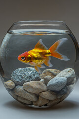 A vibrant goldfish swims in a round glass bowl, showcasing its bright colors against a backdrop of pebbles and water